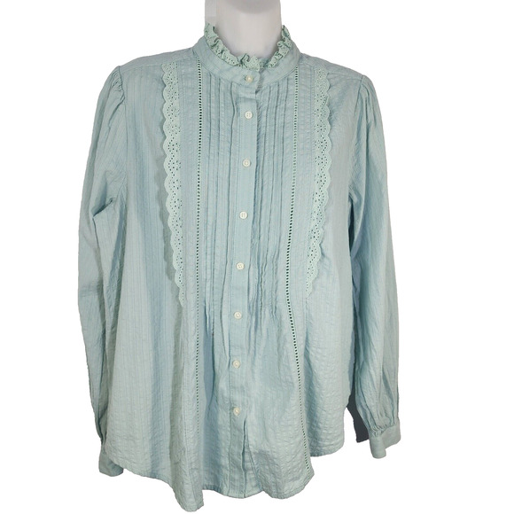 Loft Womens Blouse Medium Mint Green Lace Pleated Button Down Textured Long Slv - Picture 1 of 9